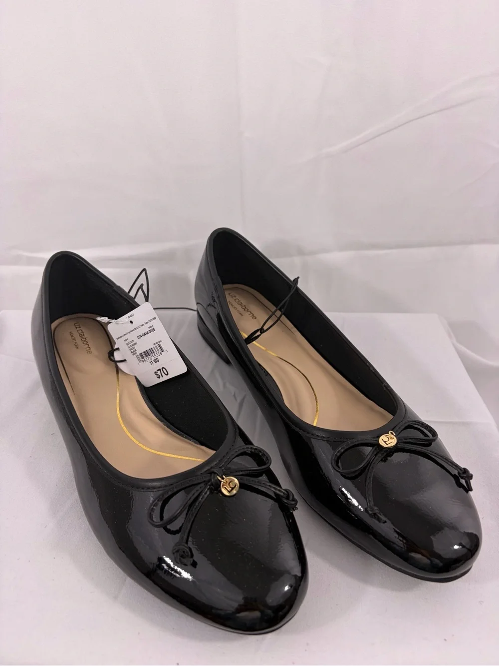 NWT Liz Claiborne Women’s Size 11W Shiny Black Ballet Flats with Bow Accent